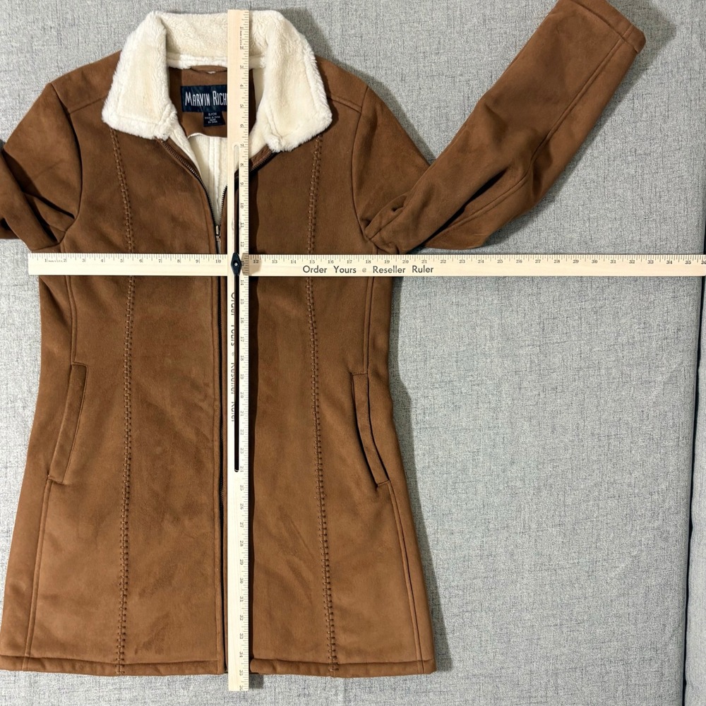 Marvin Richards Womens Small Faux Suede Shearling Coat Brown Zip Up Mid Length - Picture 5 of 9